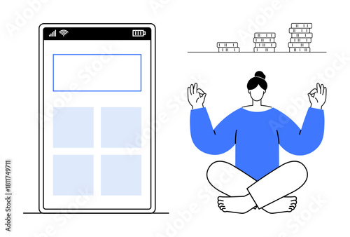 Modern woman meditating in lotus position beside smartphone and stacked coins. Ideal for financial planning, mindfulness, mobile apps, self-care, work-life balance, digital tools, simple flat