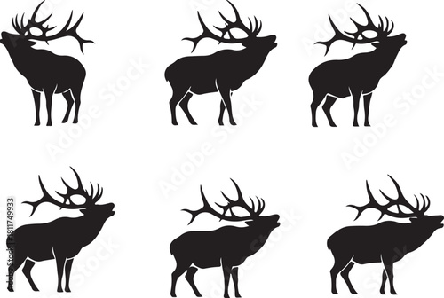 Set of six black elk silhouettes with large antlers standing isolated on transparent background