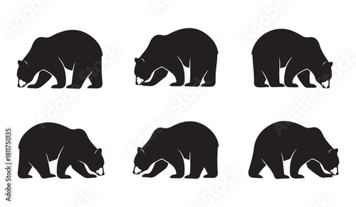 Set of six black bear silhouettes foraging for food on ground isolated on transparent background