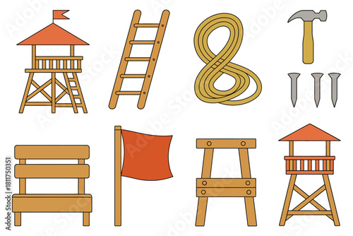 Watchtower Icons Grid – Flat Vector Mini Illustrations of Colorful Wooden Towers and Construction Elements, Cute Children’s Style Fantasy Defense Graphics