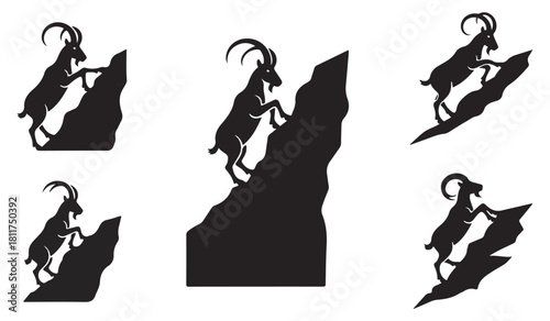 Set of five mountain goat silhouettes climbing steep rocky cliffs in various dynamic poses collection graphic design