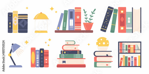 Collection of colorful books and study objects illustration