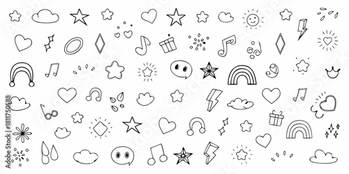Hand drawn doodle elements collection stars hearts clouds music notes and more on white