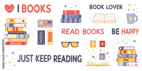 A cute and colorful illustration celebrating books reading and the joy of literature
