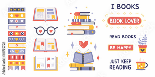 Cute illustration of books book lover quotes and reading elements for bookworms and libraries