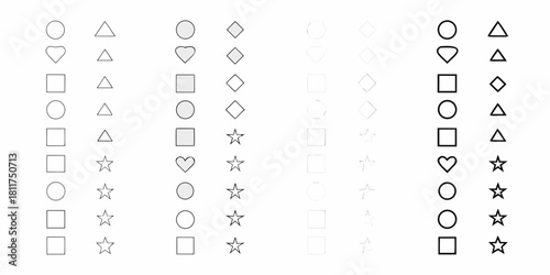 Geometric shapes in various styles and outlines arranged in rows and columns