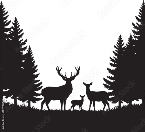 Silhouette of Deer Family in Forest Vector Graphic Illustration Black and White