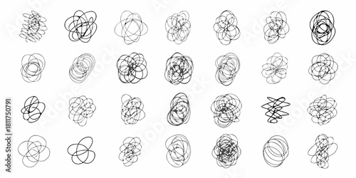 Abstract hand drawn scribble shapes in black on a white background for design elements