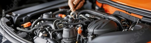 A close-up of a car engine being inspected, showcasing intricate details of the mechanical components and a hand working on it.