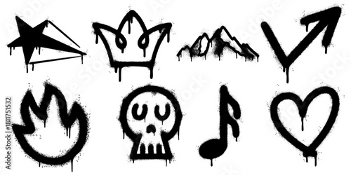 collection of bold black graffiti icons with dripping spray paint effect. Set includes street art style symbols such as a star, crown, mountains, arrow, flame, skull, music note, and heart.