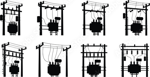 Silhouette vector illustration of electrical transformer pole configurations—power distribution infrastructure layout for engineering, planning, technical reference, and utility system design