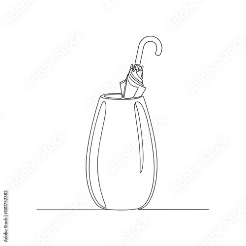Closed umbrella in modern vase stand one-line drawing on white