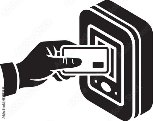 A hand inserting a credit card into a payment terminal or card reader device