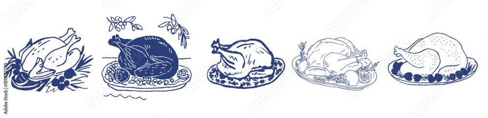 Obraz premium Christmas turkey doodle set of hand-drawn festive holiday illustrations
