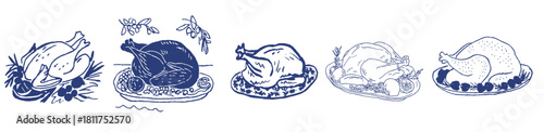Christmas turkey doodle set of hand-drawn festive holiday illustrations