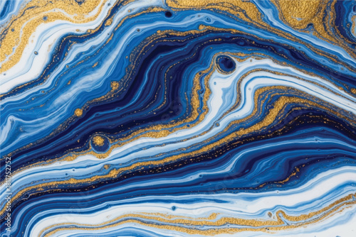 Abstract fluid art painting with swirling patterns of deep blues vibrant golds and crisp whites creating a dynamic visual flow