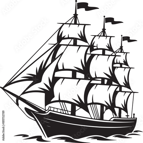 Old sailing ship with full sails vector illustration on transparent background