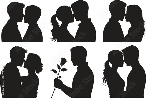 Romantic Couple Silhouettes – Kissing, Hugging, Rose Gift, Love Moments Icons