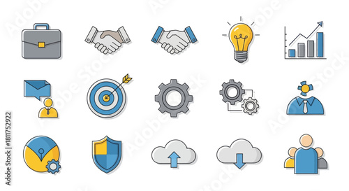 Business and technology concepts illustrated through icons including