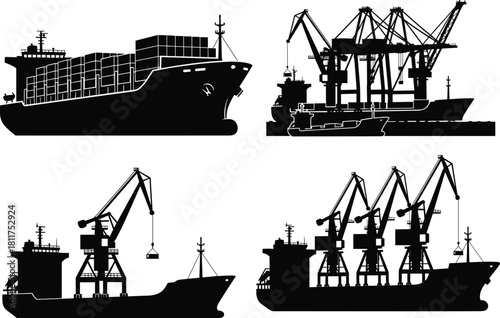 Container cargo ship and port crane silhouette set, maritime shipping vessel illustration for global logistics, import export transportation, harbor industrial operations design