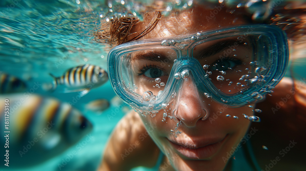 Fototapeta premium Snorkeler POV drifting through tropical lagoon with curious fish approaching, gentle bubbles, vacation serenity, with copy space