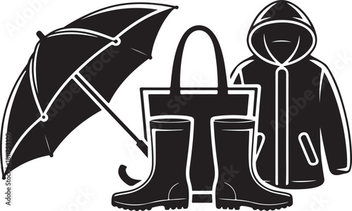 Rainy weather accessories set with umbrella, rain boots, and raincoat vector illustration