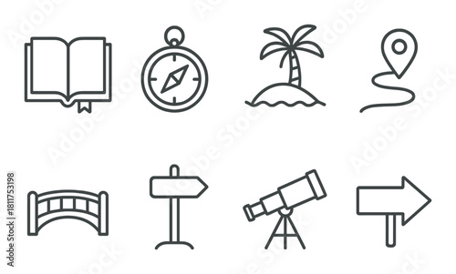 Travel icon set featuring compass, palm tree, telescope, bridge, and signpost
