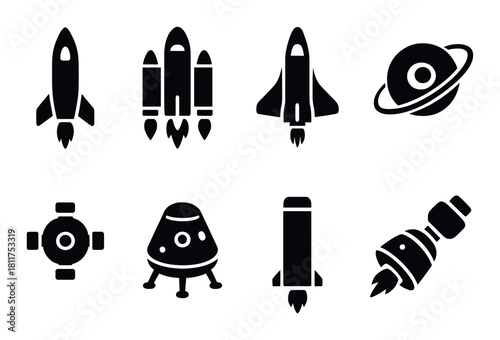 Set of spacecraft silhouettes: rockets, shuttles, satellites, planets, capsules