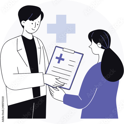 Doctor handing a patient a clipboard with medical results or prescription form for review.