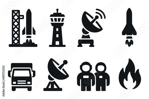 Black silhouettes of space travel icons with satellite and astronaut figures on dark background
