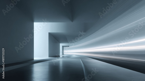 Futuristic abstract white tunnel interior with high speed motion blur lights
