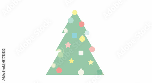 Minimalist illustration of a green Christmas tree decorated with colorful ornaments on a white background.