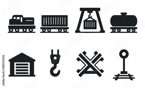 Industrial transportation icons: train, container, tanker, hook, warehouse, signal