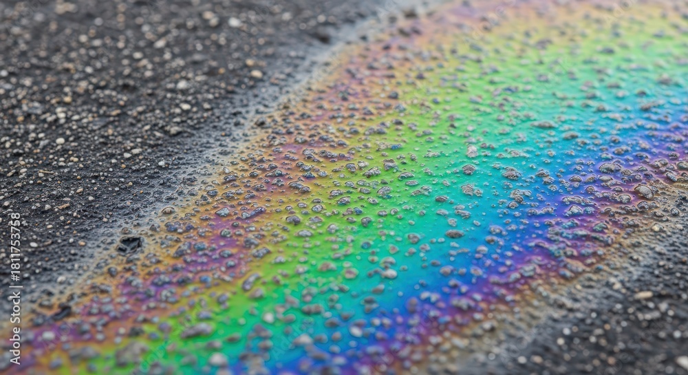 Naklejka premium Oil leak creating colorful reflections on asphalt surface 