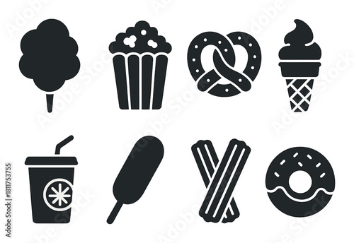 Silhouette icons of popular snack food: cotton candy, popcorn, pretzel, ice cream, soda, corn dog, churros, donut