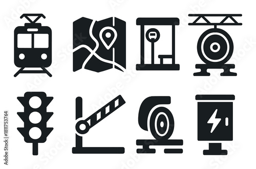 Transport icons: train, map, bus stop, tram, traffic light, barrier, rail, energy