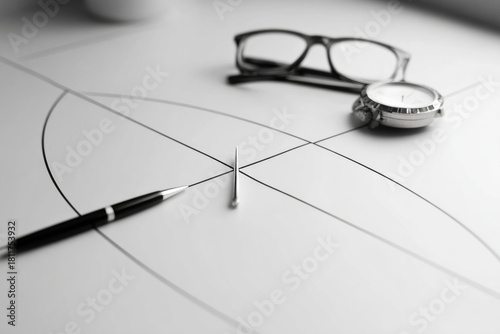 Architectural drafting workspace with glasses, pen and stopwatch