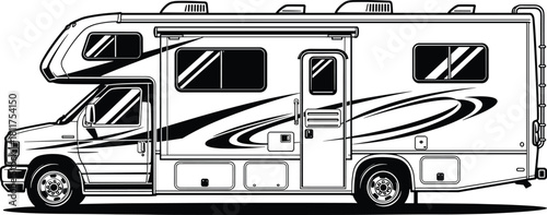Detailed black and white vector illustration of a large Class C motorhome RV side view for camping travel and road trip vacation adventure design.