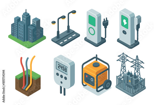 Isometric energy infrastructure: electric stations, cables, meters, generators, and power lines