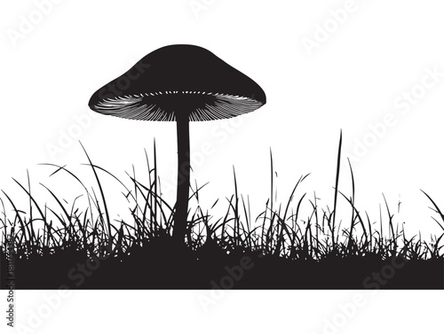 Single Mushroom Growing In Tall Grass Vector Illustration
