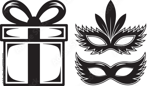 Silhouette of a gift box and two decorative masks for celebrations or parties