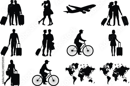 Travel Couple Silhouettes – Luggage, Cycling, Airplane, World Map, Adventure Icons