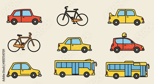 Collection of various transport vehicles including cars, bicycles, and buses, all in a line.