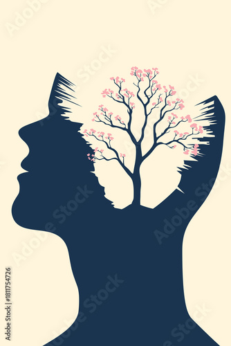Bilde på lerret Surreal silhouette artwork showing a blooming tree growing inside a human head, symbolizing healing, inner growth, mindfulness, and the awakening of positive thoughts