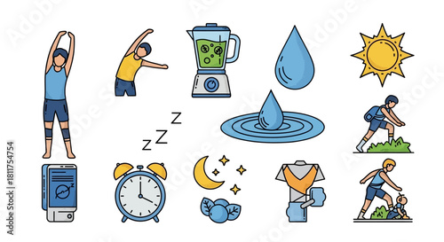 A collection of colorful icons representing a healthy lifestyle, including exercise, nutrition, hydration, and rest.