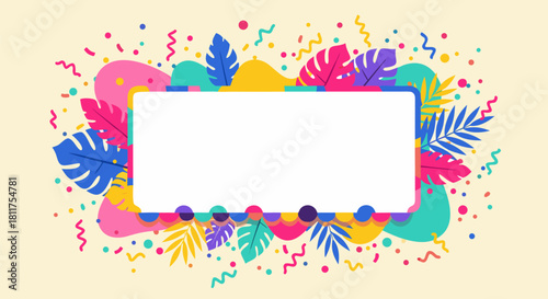 Festive background with colorful abstract shapes, tropical foliage, and a central white text box for copy space, flat design vector graphic e