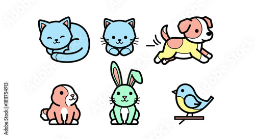 A collection of cute cartoon animals, including cats, a dog, a rabbit, and a bird, all in a simple style.