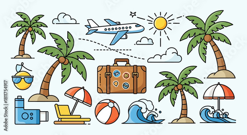 Colorful vector illustration of a tropical vacation with palm trees, airplane, and beach accessories.