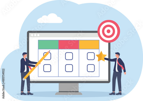 illustration of businesspeople gathering to design a schedule for an investment strategy
