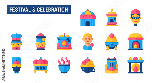 A collection of colorful flat design icons representing various elements of festivals and celebrations on a white background.